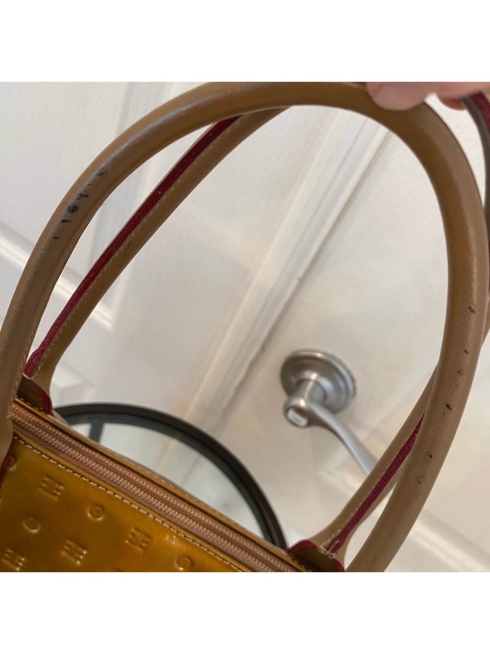 Arcadia Womens Gold Patent Leather Satchel Purse Medium Y2k Vintage Top Handle - Picture 12 of 14